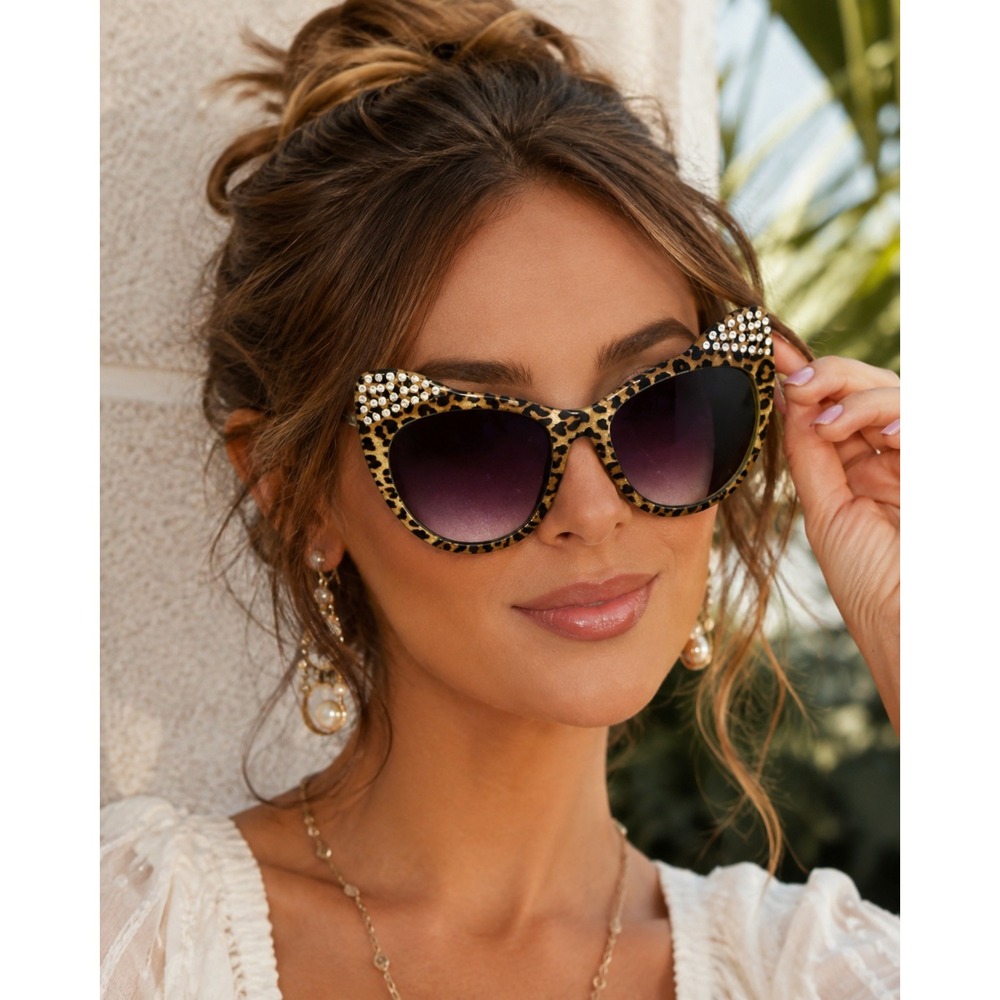 Betsey Johnson Sunglasses Leopard Rhinestone Cat Eye Purple Gradient Y2K Glam